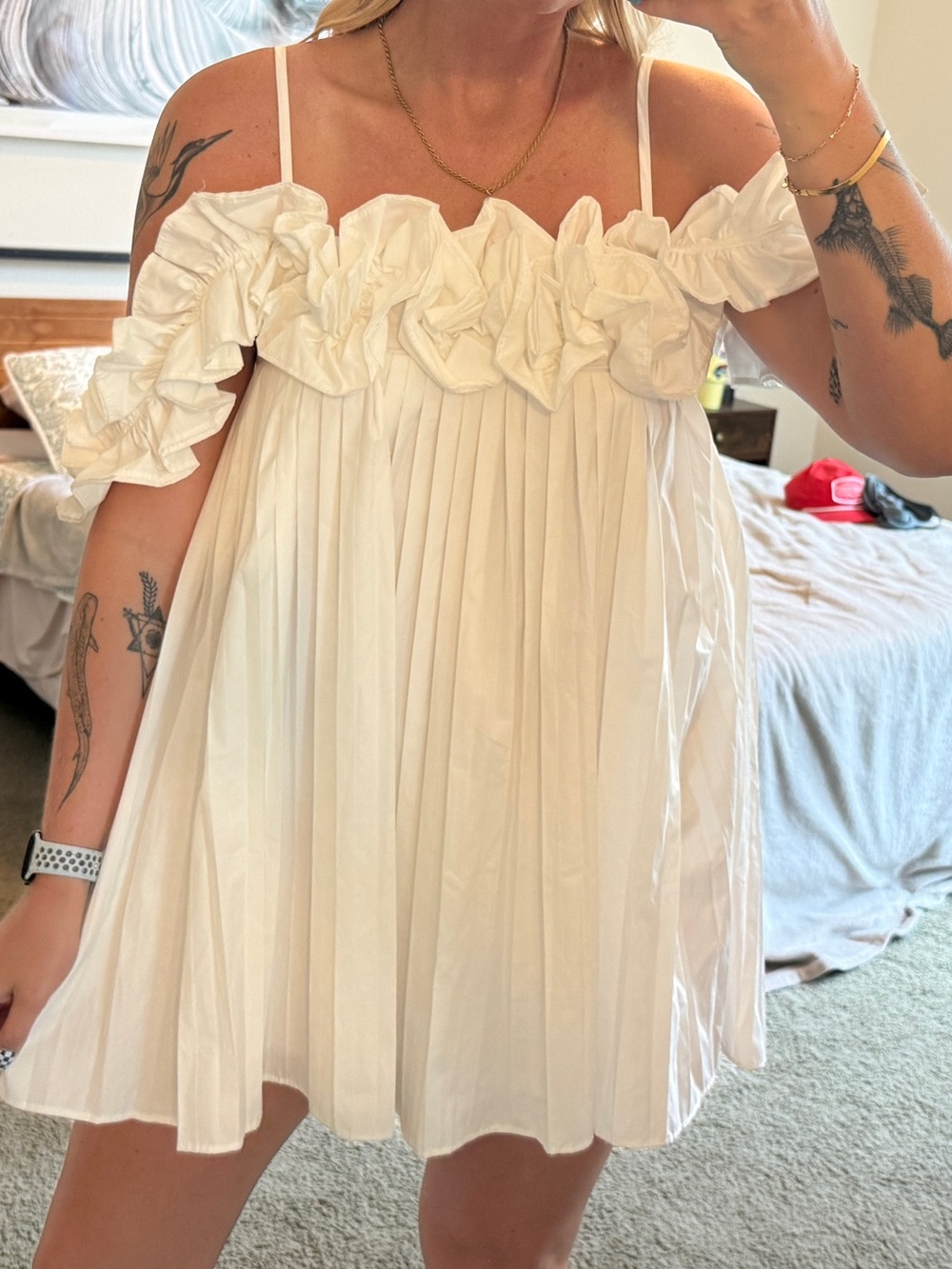 Sky White Off the Shoulder Pleated Mini Dress with Ruffle Bodice
